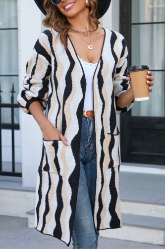 Women's Fashion Elegant Striped Casual Warm Retro Loose Knit Cardigan Coat