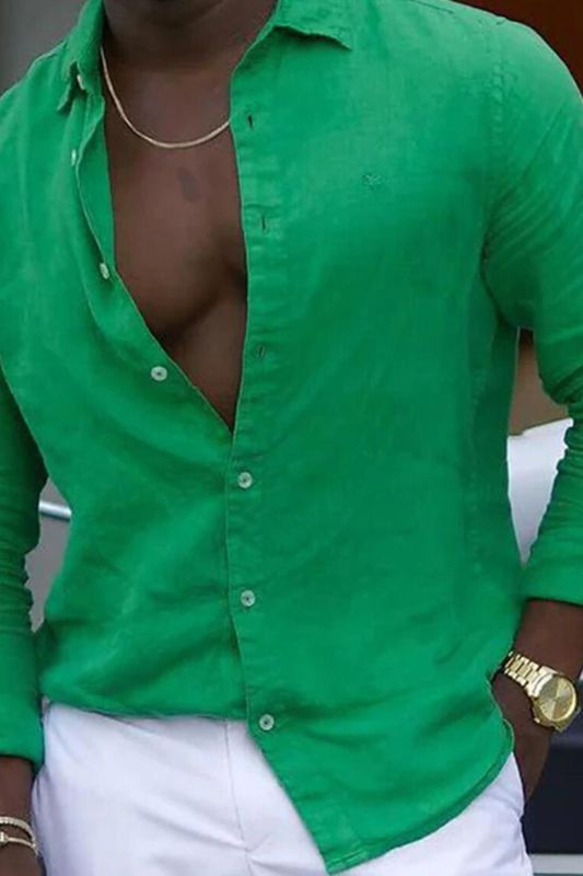Fashion Solid Color Men's Cotton Linen Loose Button Lapel Beach Shirt