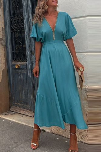 Sexy V Neck High Waist Party Solid Color A-Line Backless Hollow Out Office  Maxi Dress