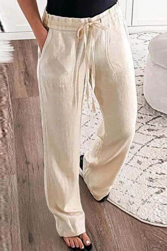 Women's Fashion Casual Simple Solid Color Breathable Drawstring Cotton Linen Trousers