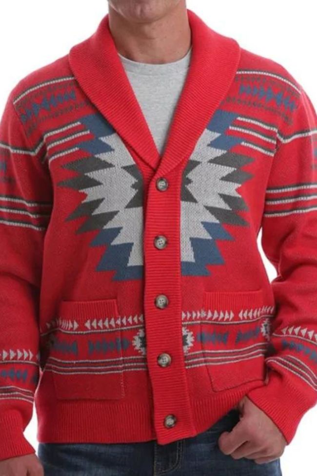 Men's Vintage Pattern Jacquard Casual Loose Button Lapel Sweater Jacket