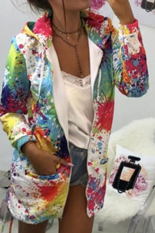 Women's Colorful Tie Dye Printed Zipper Casual Pocket Hoodie Jacket