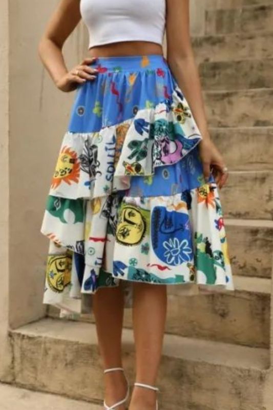 Elegant Summer Ruffle Print Beach Vacation Casual Skirt