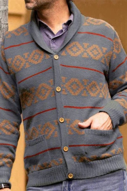 Casual Men's Retro Jacquard Embroidery Fashion Lapel Loose Sweater Cardigan Coat