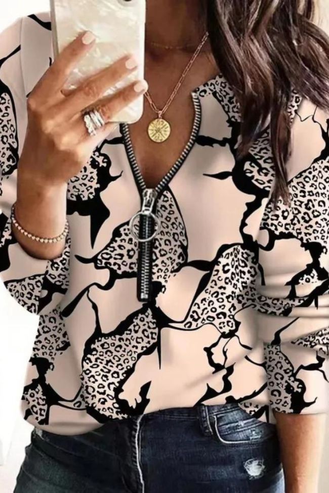 Women's Fashion Digital Printing Zipper Long Sleeve Casual Sweatshirts