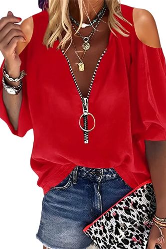 Solid Color Tops Fashion Zipper V Neck 3/4 Sleeves Elegant  Casual  Blouses & Shirts