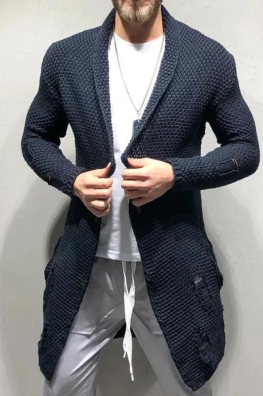 Fashion Ripped Design Knitted Solid Color Loose Retro Men's Cardigan