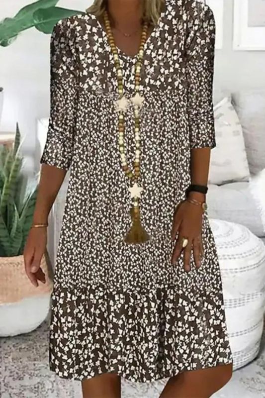 Elegant Ladies Casual Loose Printed Long Sleeve V Neck  Dress