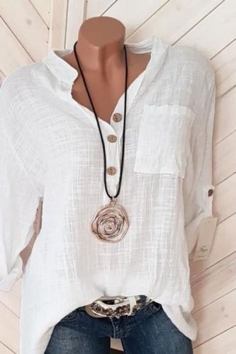 Women's Fashion Casual Solid Color V Neck Pocket Cotton Linen Blouses & Shirts