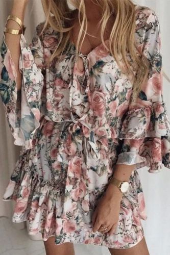 Bohemian Sexy V Neck Floral Print Ruffle Long Sleeve A Line Mini Dress