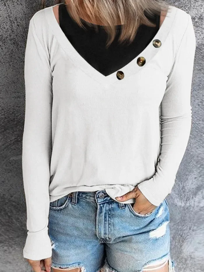 Women's New Vintage Solid Color Round Neck Button Long Sleeve Blouses Top