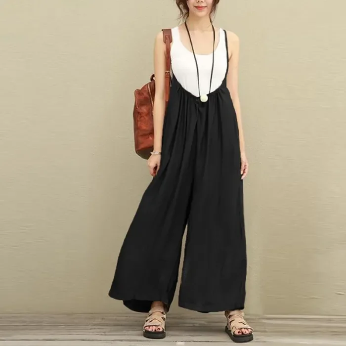 Women's Cotton Linen Casual Suspender Wide Leg Jumpsuits