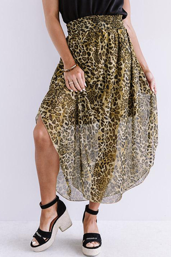 Fashion Ruched Leopard High Waist Irregular Casual  Skirts