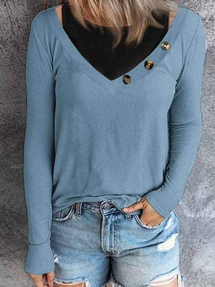 Women's New Vintage Solid Color Round Neck Button Long Sleeve Blouses Top