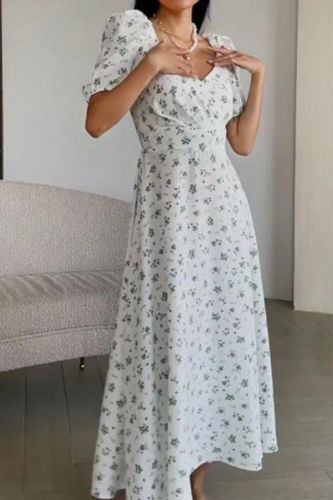 Vintage Sexy Print Puff Sleeve Pleated Fashion A-Line Print Maxi Dress