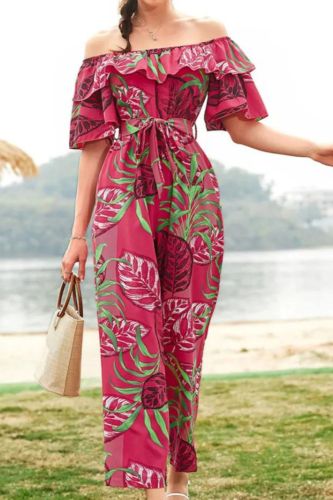 Summer Fashion Floral Short Sleeve Vacation Beach Jumpsuit