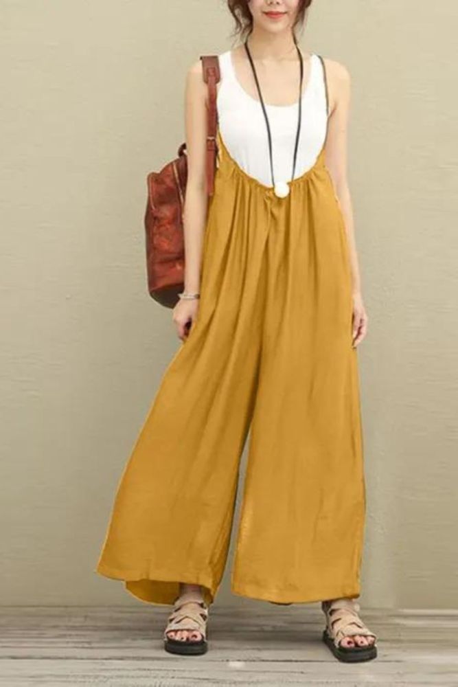 Women's Cotton Linen Casual Suspender Wide Leg Jumpsuits