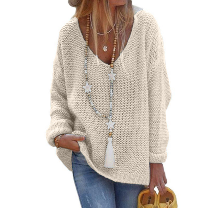 Vintage Fashion V-neck Solid Color Casual Knit Sweater