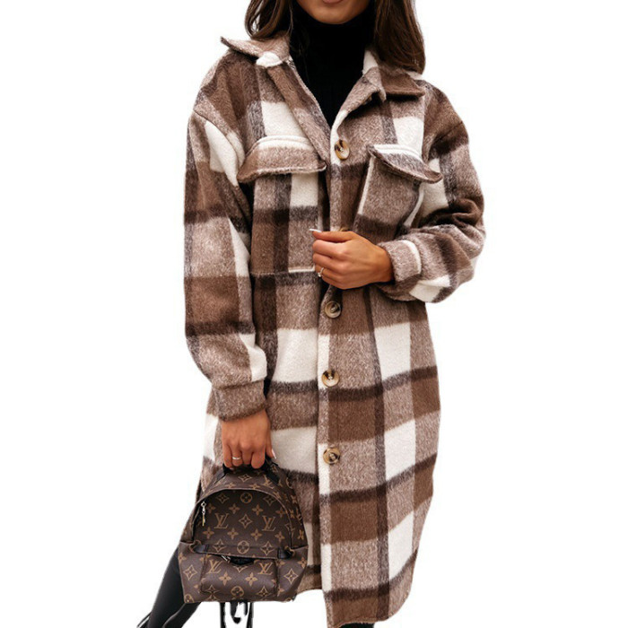 Fashion Women's Long Sleeve Woolen Plaid Single Breasted Trench Coat