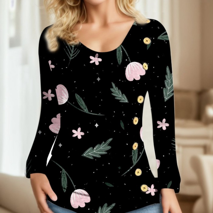 Women' Fashion Lapel Button Long Sleeve Elegant Solid Color Casual T-Shirt