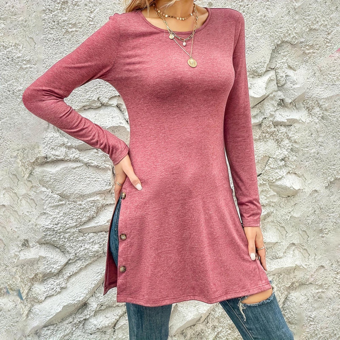 Women's Fashion Solid Color Split Button Casual Loose Long Sleeves T-Shirts