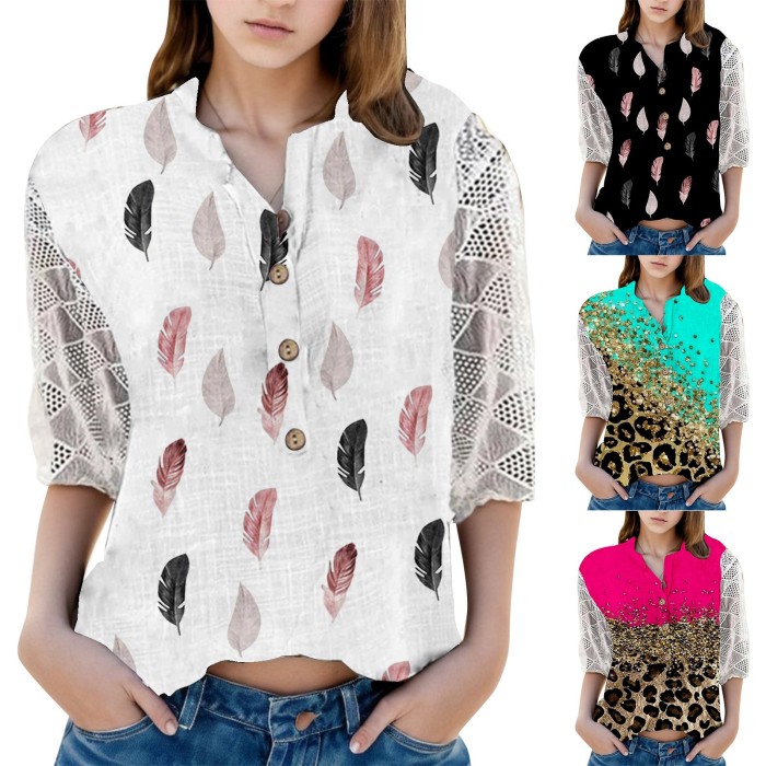 Women Sexy Hollow Out Lace Button V Neck Shirts