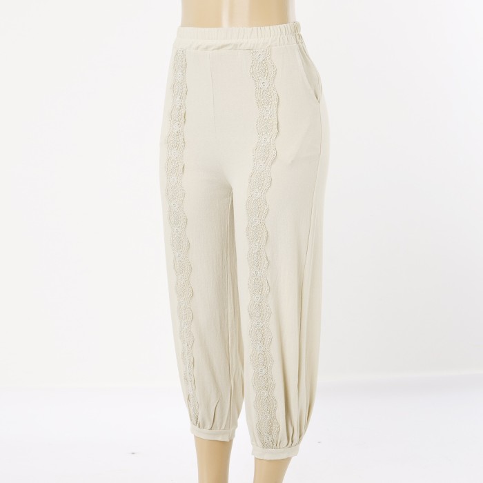 Fashion Casual Cotton Linen Solid Color Loose Elastic Lace Harem Pants