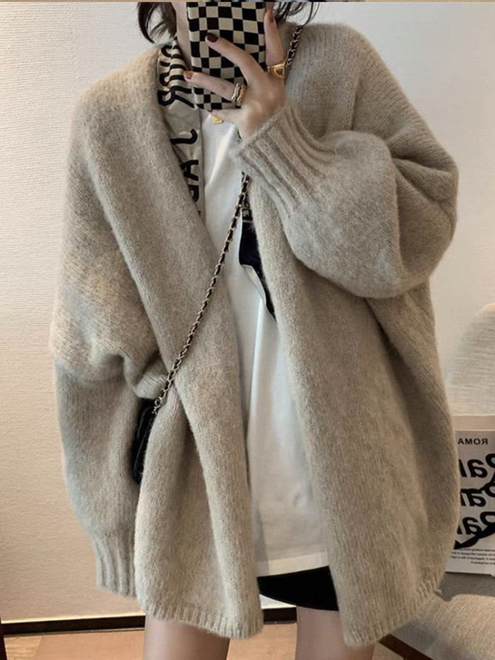 Women Fashion Solid Color Casual Loose Long Sleeve Knitted Sweater Cardigan
