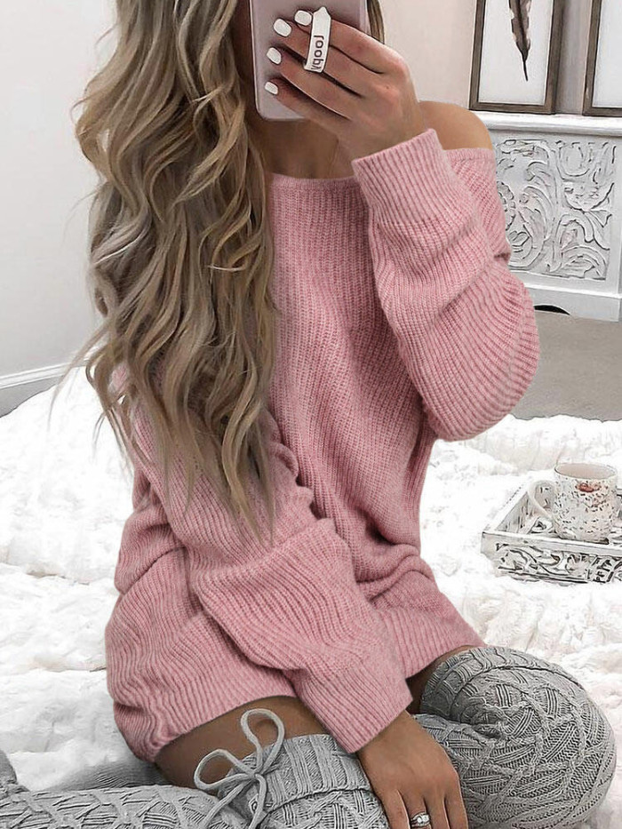 Women V Back Knitted Long Sleeve Solid Loose Sweater Dress