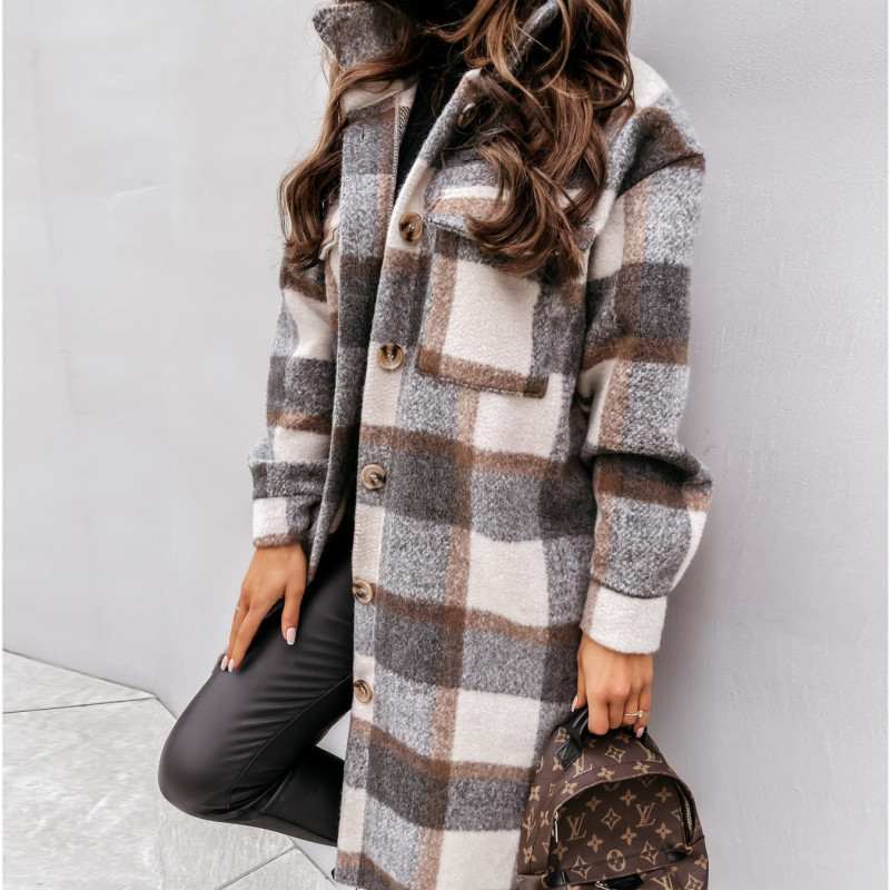 Fashion Women's Long Sleeve Woolen Plaid Single Breasted Trench Coat