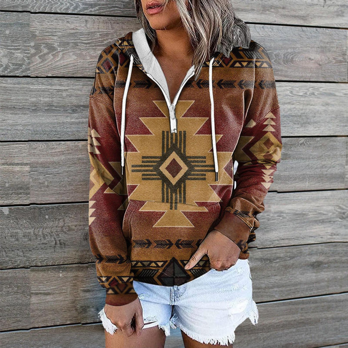 Women's Retro Geometric Sweatshirt Casual Vintage Loose Street Boho Hoodies
