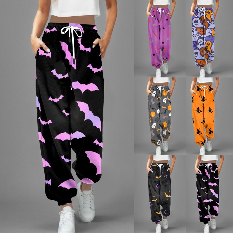 Pink Bat Print Halloween Loose Casual Oversized Trousers