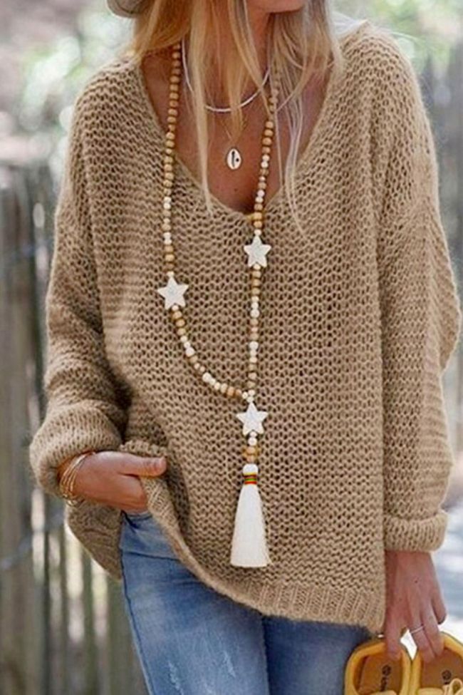 Vintage Fashion V-neck Solid Color Casual Knit Sweater