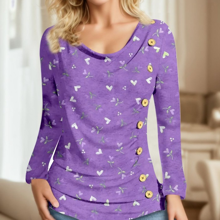 Women' Fashion Lapel Button Long Sleeve Elegant Solid Color Casual T-Shirt