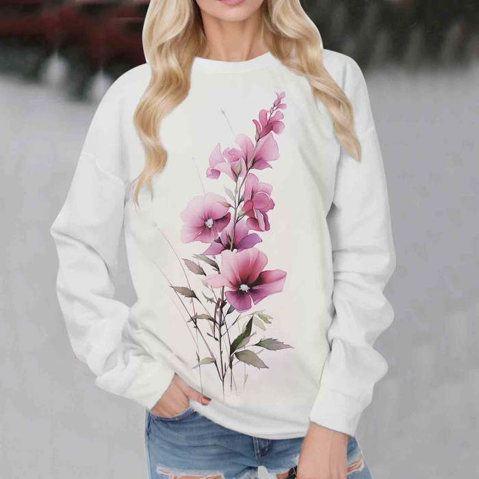 Women Cotton Print O Neck Loose Long Sleeves Simple Pullover Sweatshirt