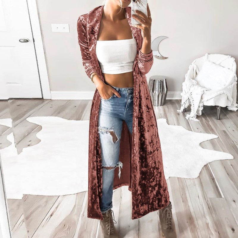 Women Velvet Long Casual Long Sleeve Loose Cardigan Retro Outwear Coat