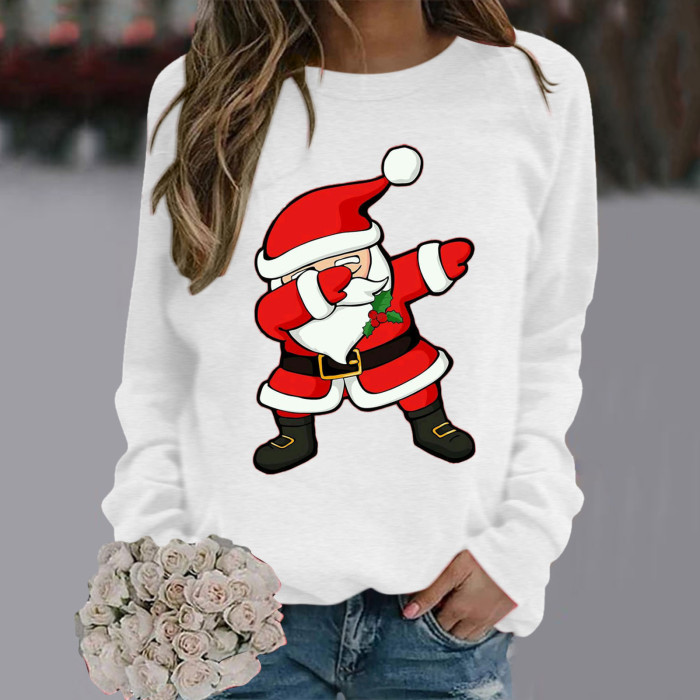 Womens Casual Christmas Print Long Sleeve Pullover Sweatshirt