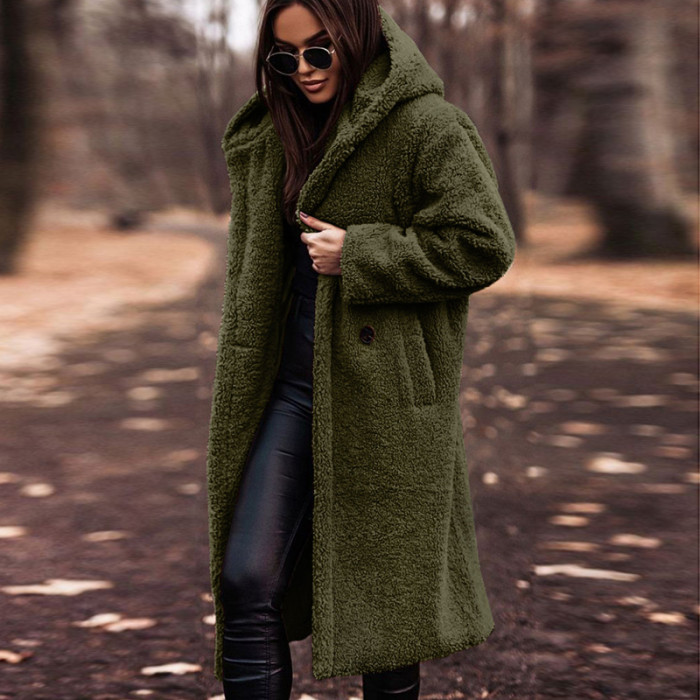 Women Vintage Plush Hooded Fashion Casual Faux Fur Long Coat
