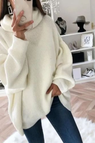 Women Loose Stretchy Knitwear Oversized Turtleneck Pile Collar Pullover Sweater