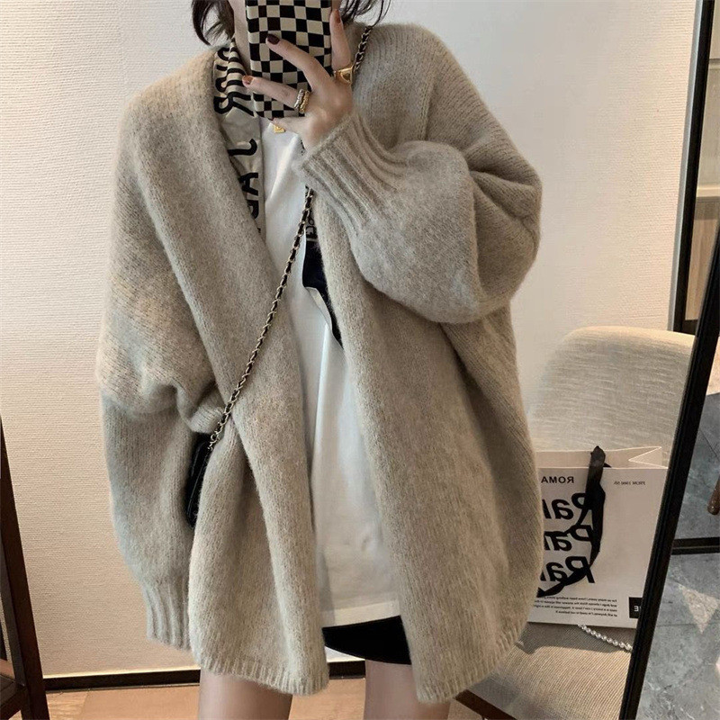 Women Fashion Solid Color Casual Loose Long Sleeve Knitted Sweater Cardigan