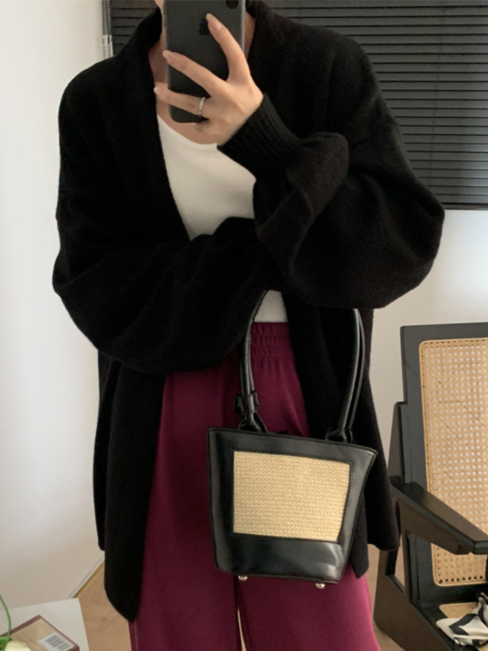 Women Fashion Solid Color Casual Loose Long Sleeve Knitted Sweater Cardigan