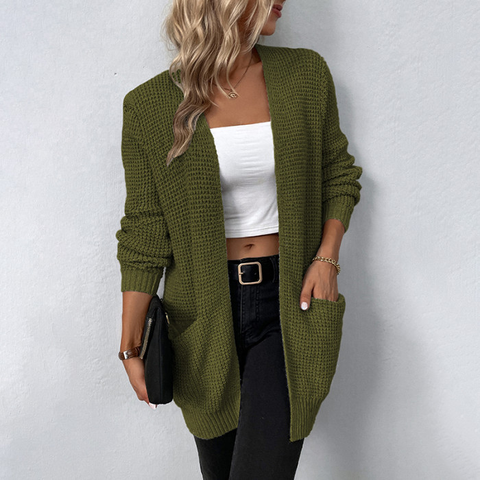 Women's V-Neck Solid Color Loose Fit Long Knitted Sweaters Cardigan