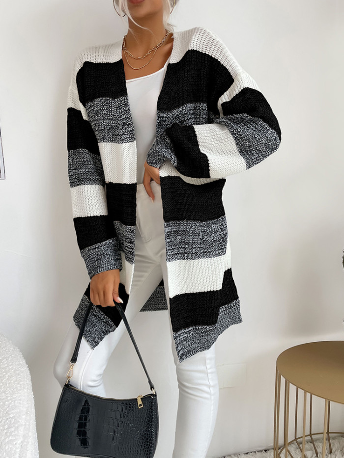 Women Fashion Stripe V-neck Knitted Sweater Cardigan