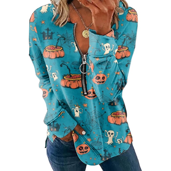 Women Halloween Pumpkin Print Fashion Casual Long Sleeve Zipper Lapel Sweatshirt