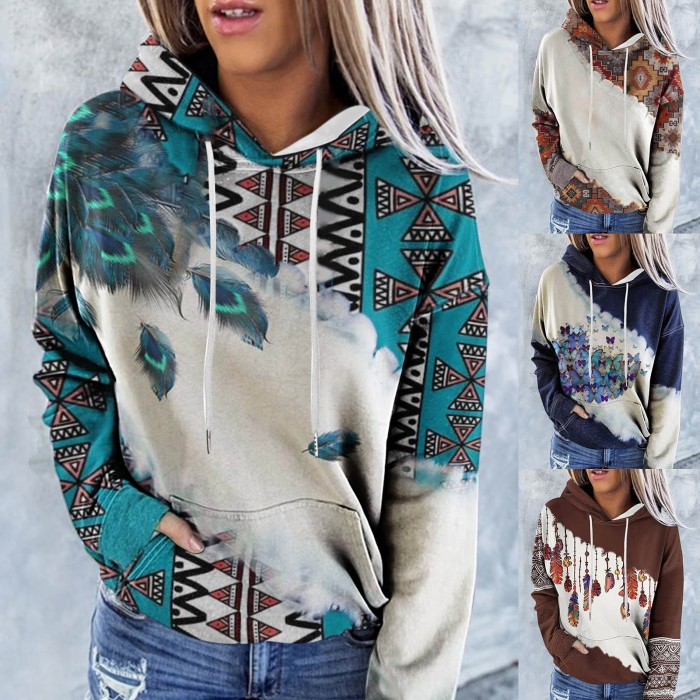 Women Vintage Patchwork Long Sleeve Pullovers Hoodies