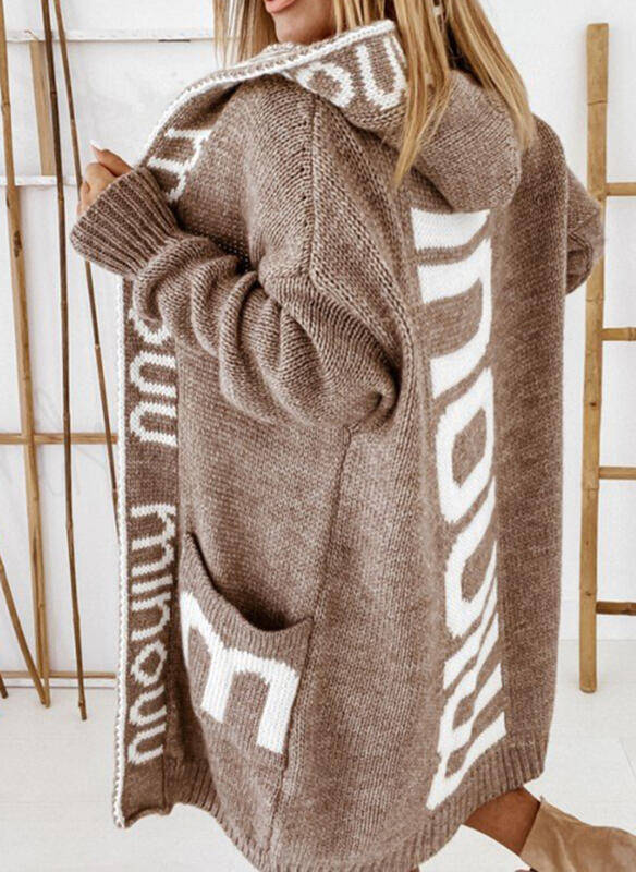 Women's Knitted Cardigan Hooded Letter Sweater Long Sleeve Sweater Coat