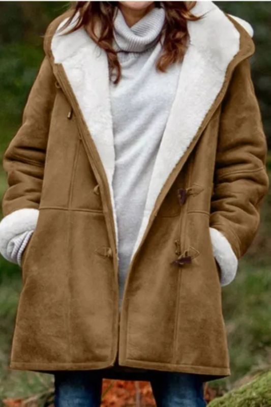Women's Cow Horn Buckle Solid Color Fleece Lined Hooded Coat