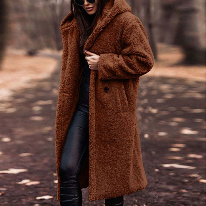 Women Vintage Plush Hooded Fashion Casual Faux Fur Long Coat