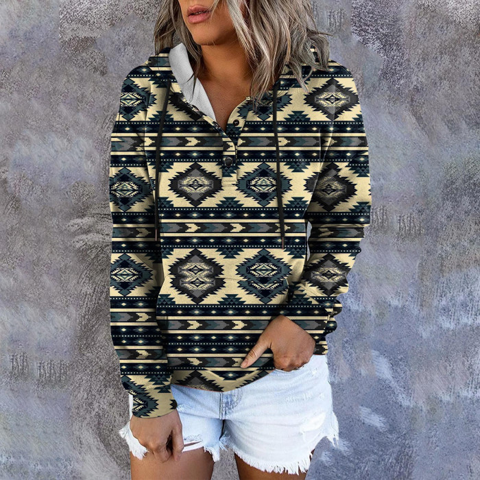 Womens Fashion Print Sweatshirt Button Hoodies