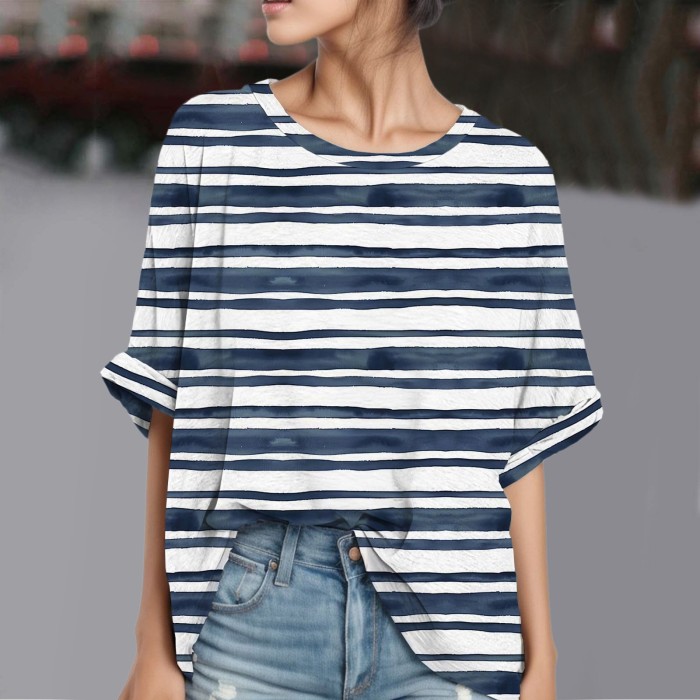 Loose Striped Butterfly Print V-Neck 3/4 Sleeve Top T-Shirt